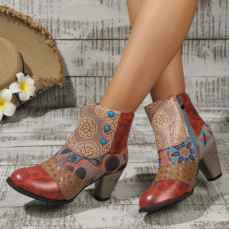 Autumn and winter new ethnic style color matching short boots printed thick heel retro handmade soft leather ankle boots
