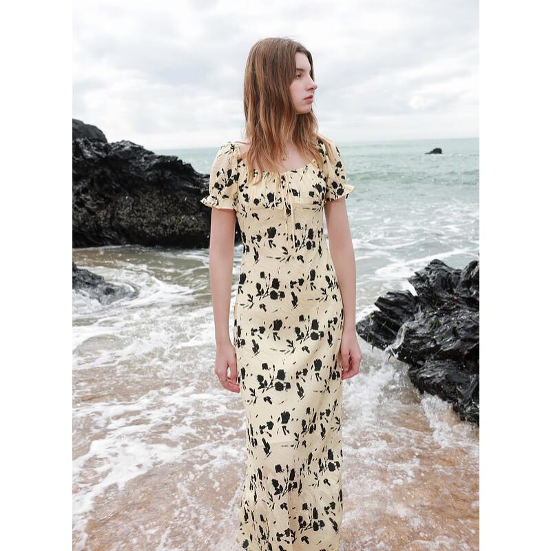 Sancai 2025 Summer Ink Wash Print A-Line Square Neck Maxi Dress