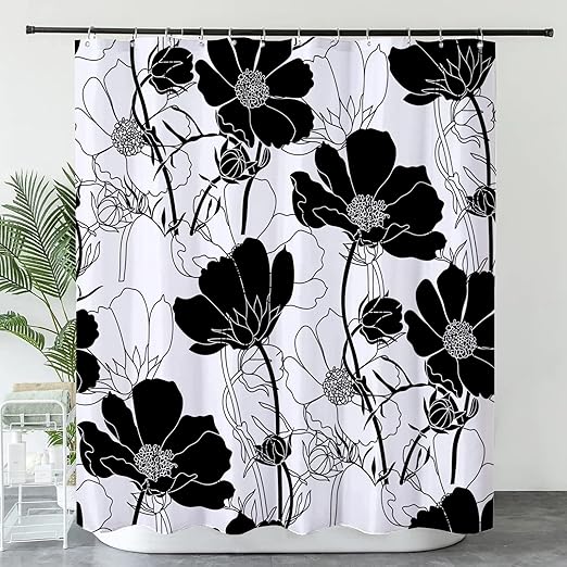 

Black And White Shower Curtain Floral Aesthetic Shower Curtain For Bathroom Flower Waterproof Fabric Shower Curtain With Hooks 7