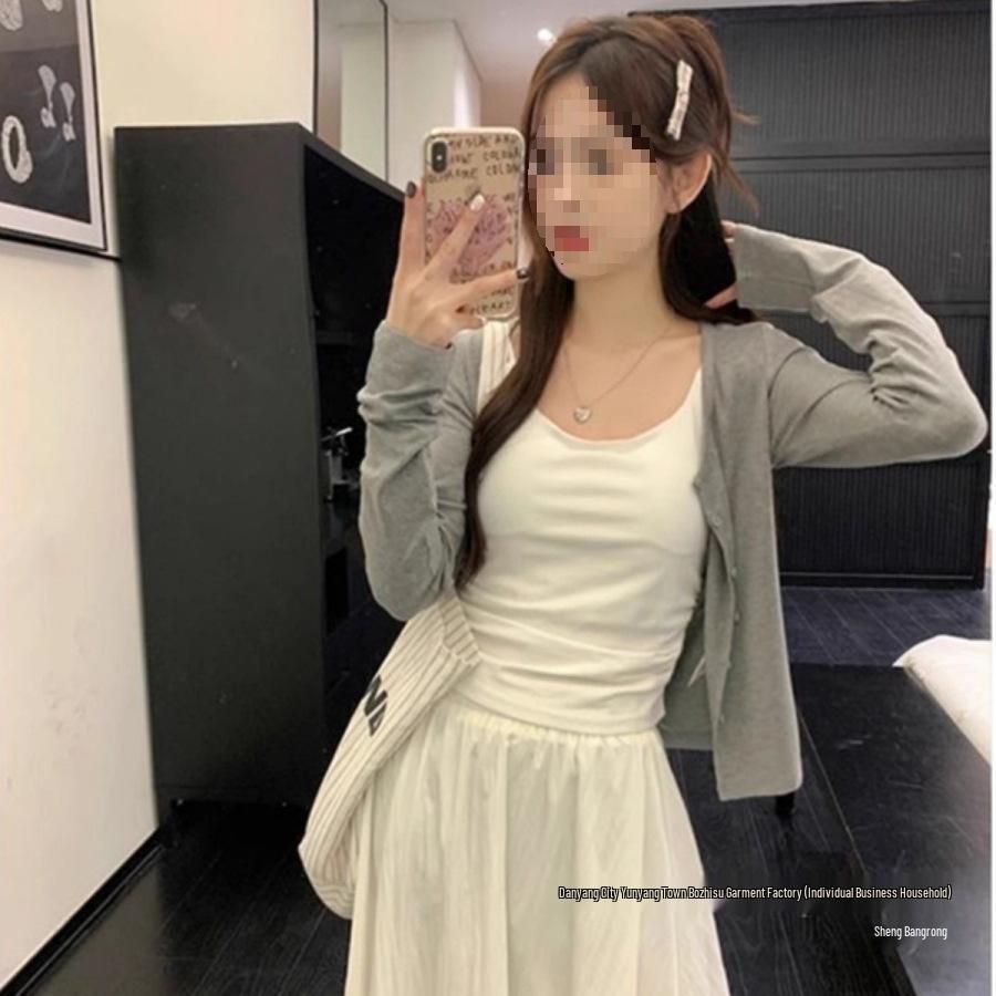 Grey Slimming Long Sleeve Knit Cardigan for Women - Casual and Versatile for Early Spring & Autumn