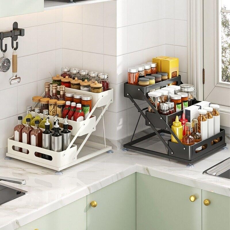 Kitchen Bottle and Jar Shelf, 3 Level Storage Rack with Height Change Support and Grip Feet for Cabinet or Sink Side