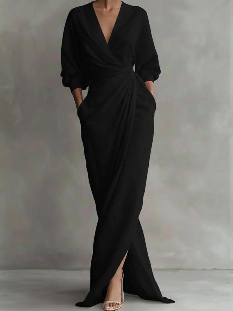 Elegant Solid V-neck Long Sleeve Slit Maxi Dress with Pockets