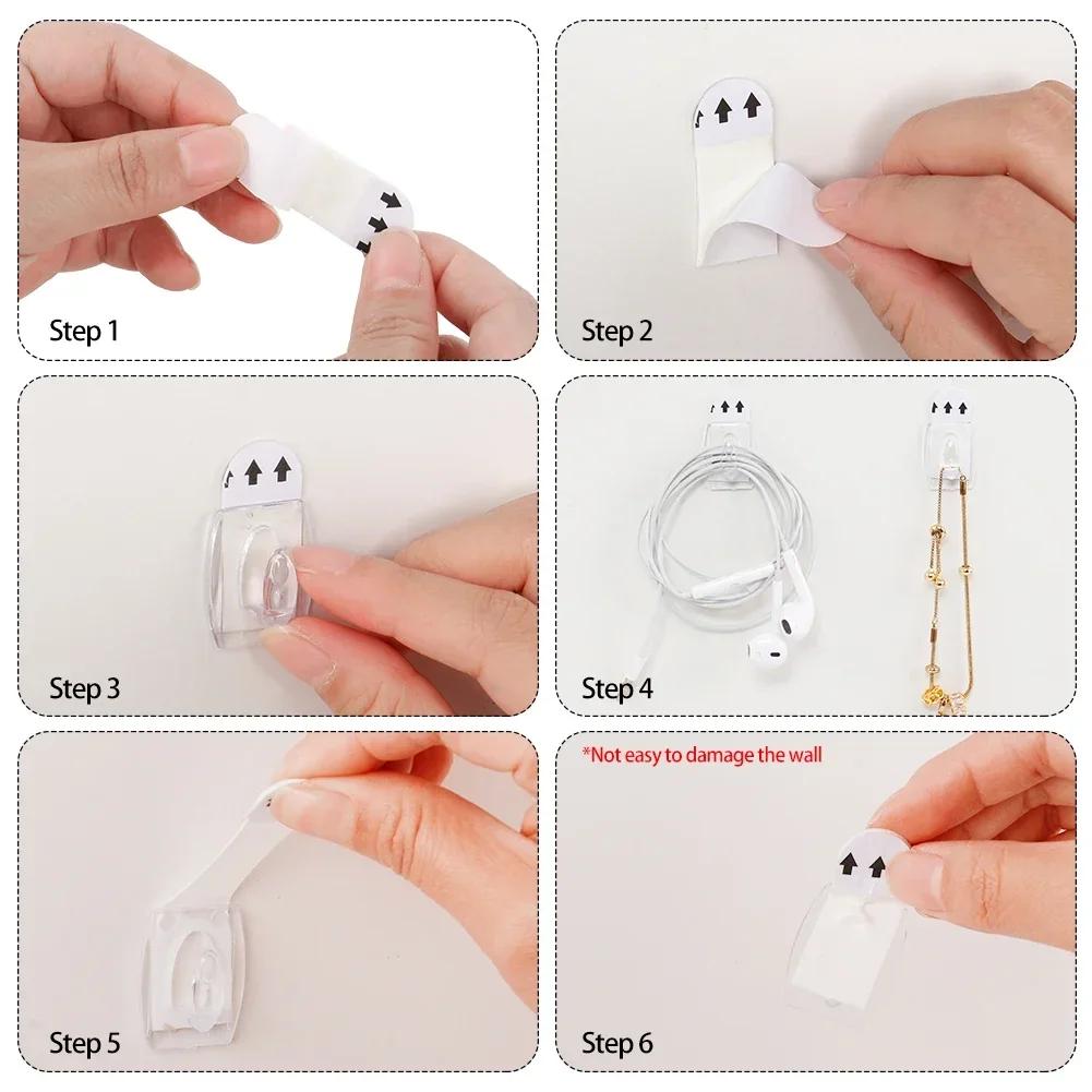 20Pcs Mini Wall Adhesive Hooks Multi-Purpose Transparent Removable Hooks Necklace Key Towel Sundries Hanger Wall Cable Clamp