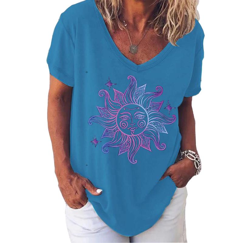 Mode Frühling Retro Print Blusen Kurzarm V-Ausschnitt T-Shirts Lässig