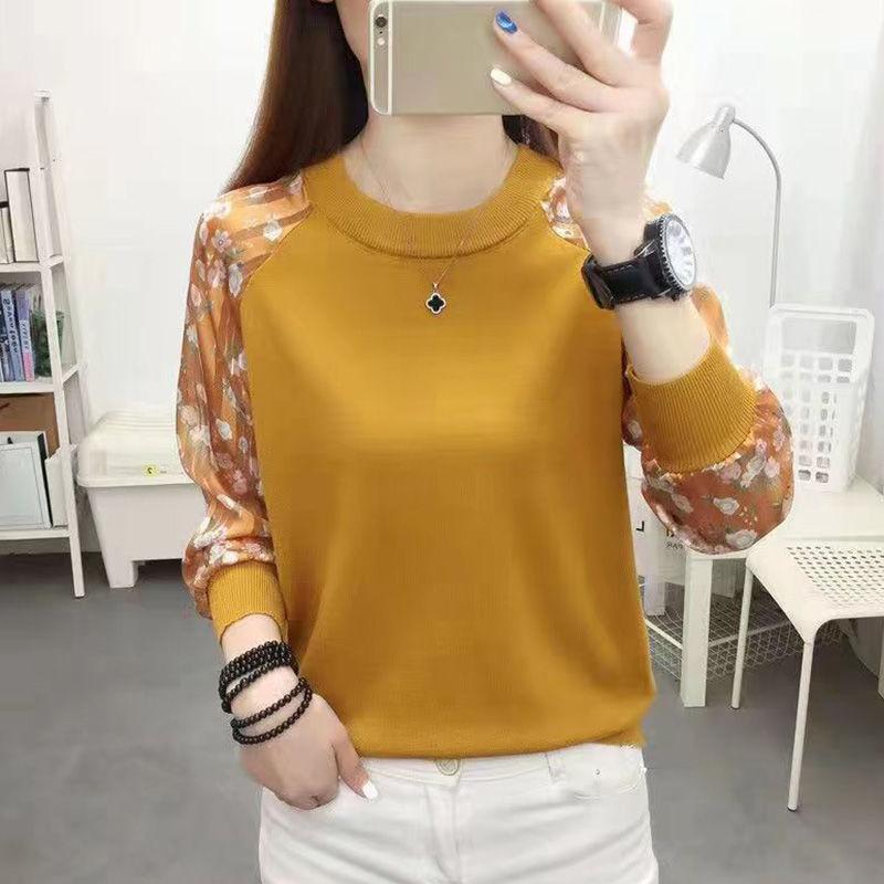 

Круглый вырез кружева вязаный свитер для женщин свободный крой верхняя одежда весна средний рукав сращивание короткий низ топ 3XL жёлтый