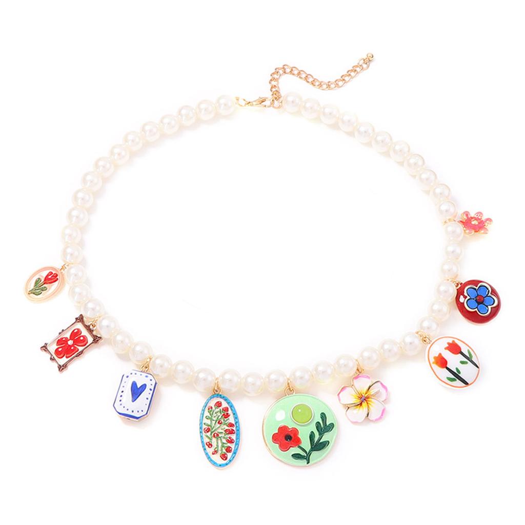 Light luxury elegant alloy drip printing tag pendant imitation pearl beaded necklace exquisite banquet versatile woman