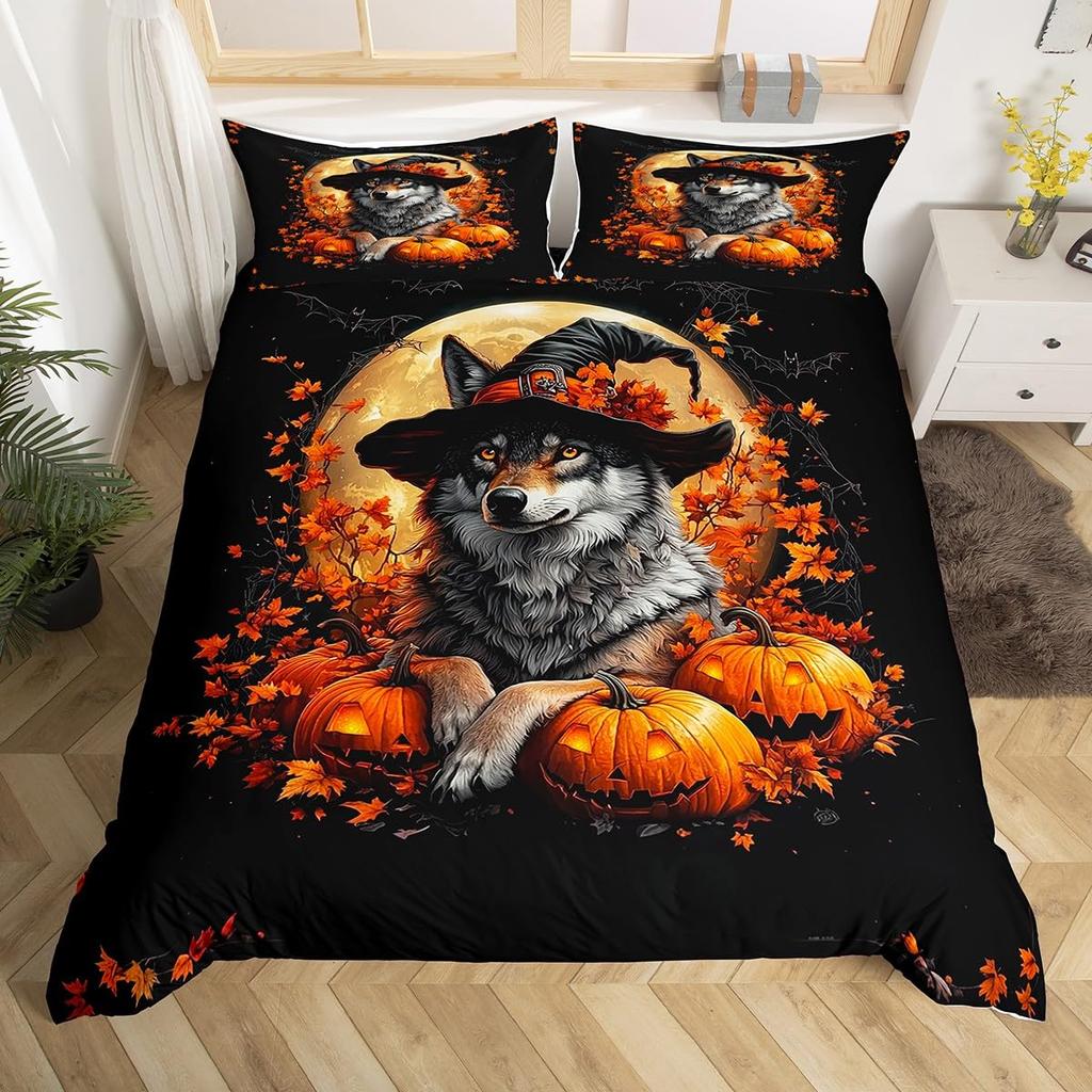 Kids Wolf Comforter Cover Full Queen Size Botanical Floral Bedding Set Wild Animal Duvet Cover Plant Flower Bedspread Cover