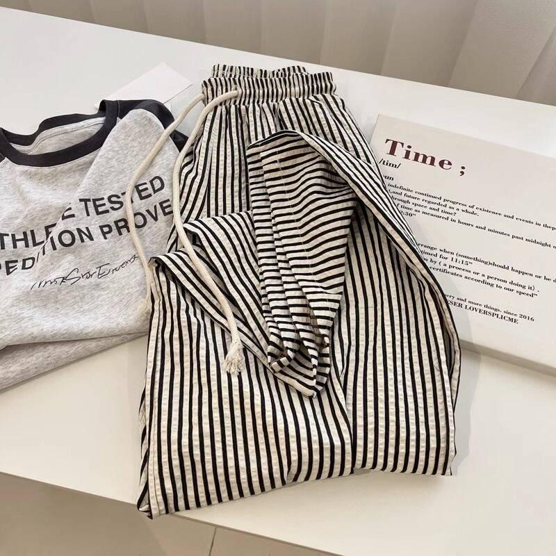 Women's High-Waisted Wide-Leg Black & White Striped Pants - Summer Petite, Slimming, Thin, and Loose Fit, 145cm