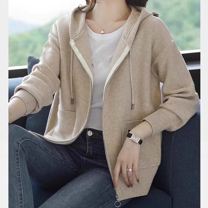 Cárdigan de Punto de Lana con Capucha de Color Sólido Otoño Mujeres Suéter de Manga Larga Holgado Cremallera Prendas de Punto Abrigo