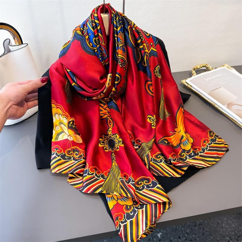 Spring and Summer Butterfly Print Simulation Silky Brocade Fashion Sunscreen Silk Scarf Long Scarf Silky Shawl Versatile Headscarf Scarf
