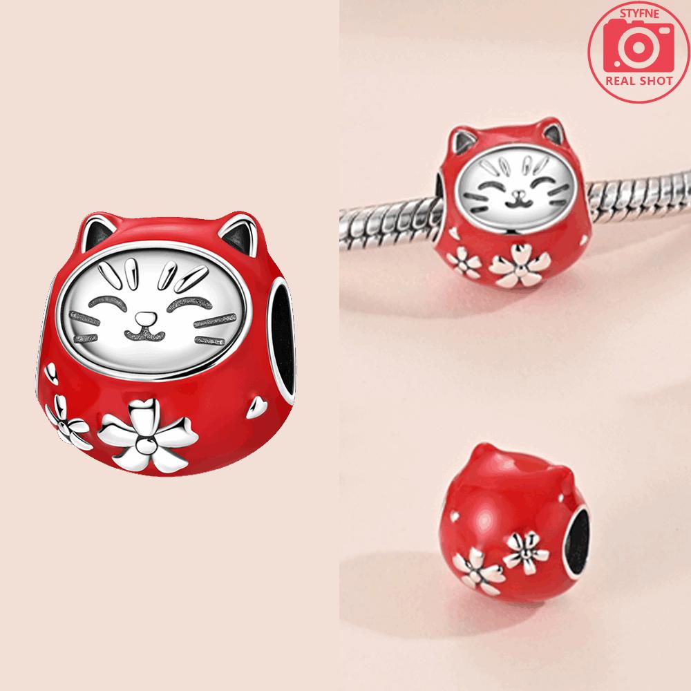 

Pink Set of Dolls Paper Crane Beads Red Cat Geisha Doll Pearl Pendant Fit Bracelet Pendant 925 Silver Women Gift Accessory