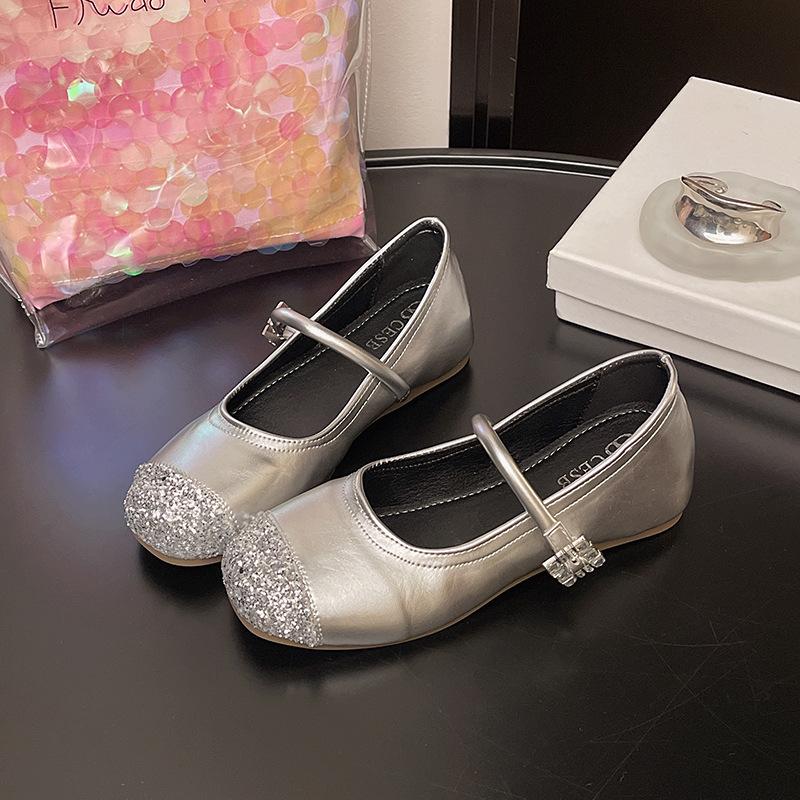 Single Shoes Women's Gentle Evening Flat Bottom Word French New Silver 2025 Spring and Autumn Belt with Skirt Mary Jane Shoes