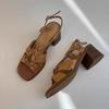 Sheepskin version~ retro versatile one-word belt leather high-heeled Roman shoes women's head open-toed high-end thick-heeled sandals