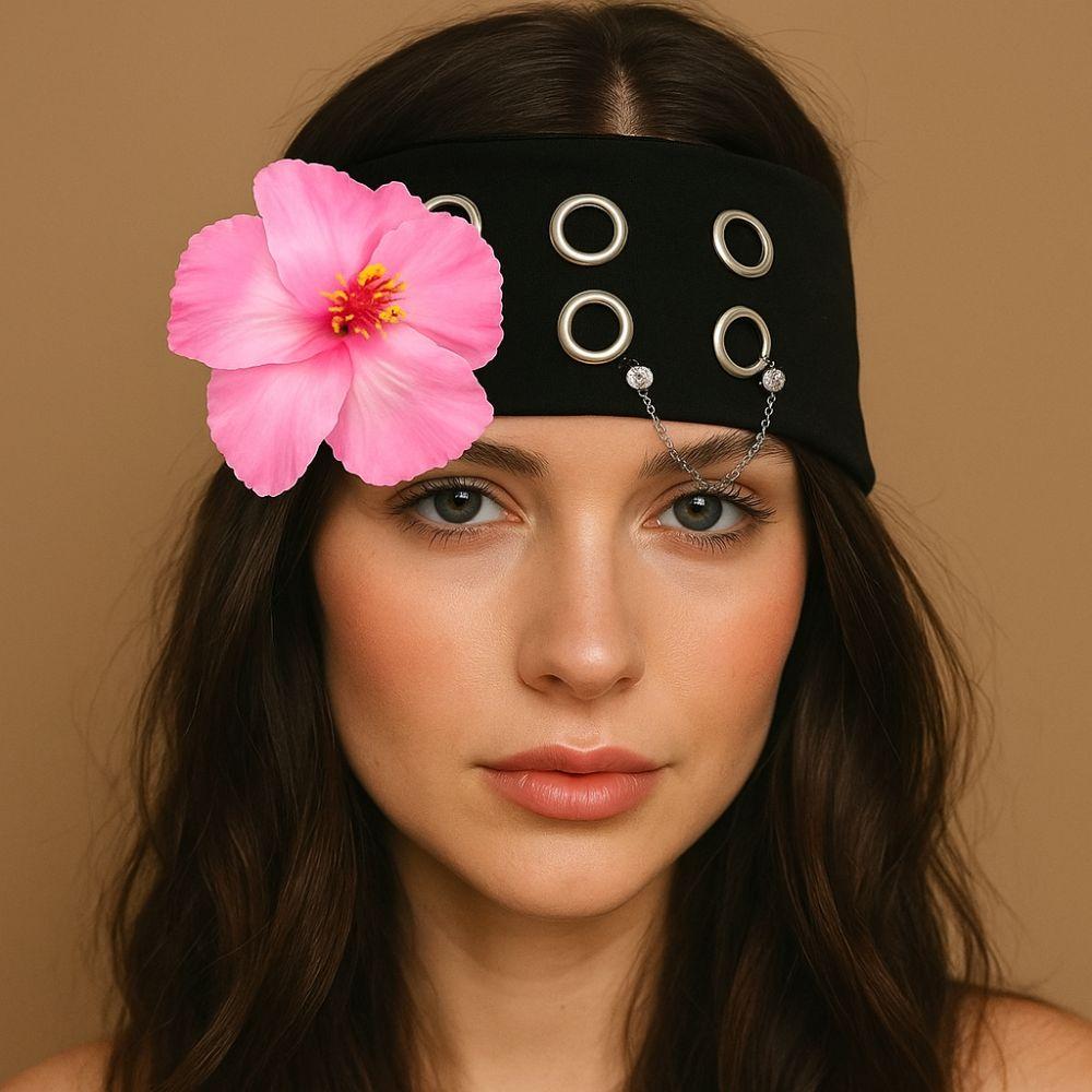 Hibiscus Butterfly Orchid Knitted Hairband Hollow Out Rhinestone Chain Headscarf  Men