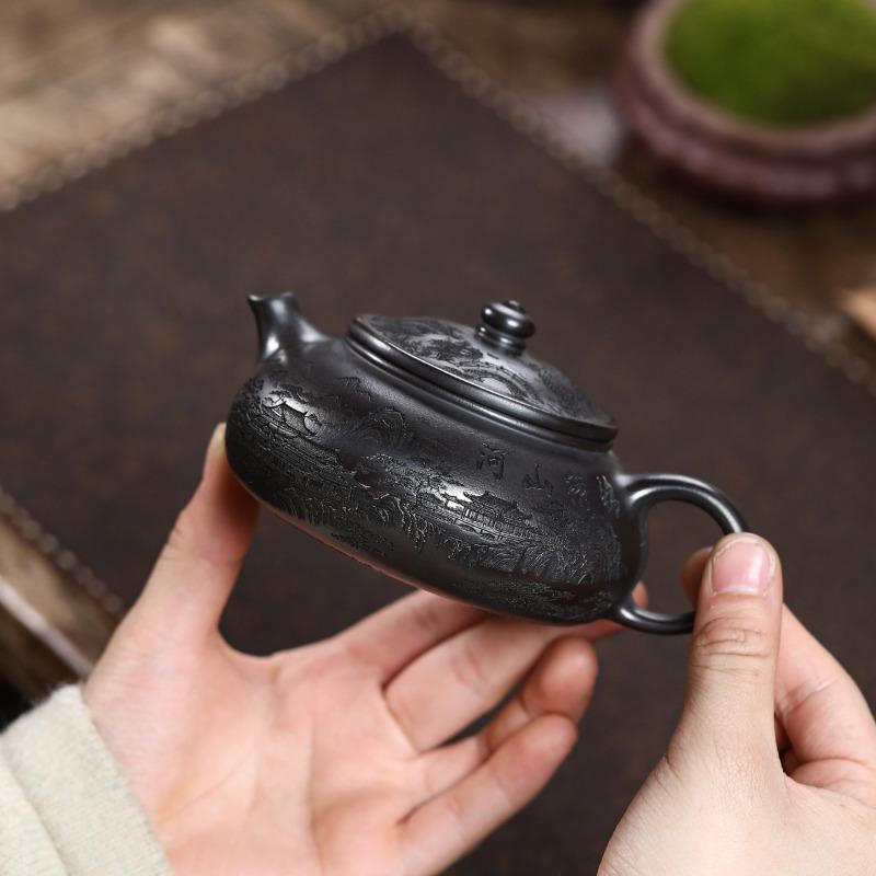 

230ml Yixing Purple Clay Teapots Master Handmade Han Jiang Pot Raw Ore Stone Yellow Mud Kettle With Filter Chinese Zisha Tea Set