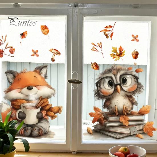Removable Fall Window Stickers for Home Autumn Static Sticker with Cute Animals & Maple Leaves, Harvest Seasonal Glass Living Room Festival