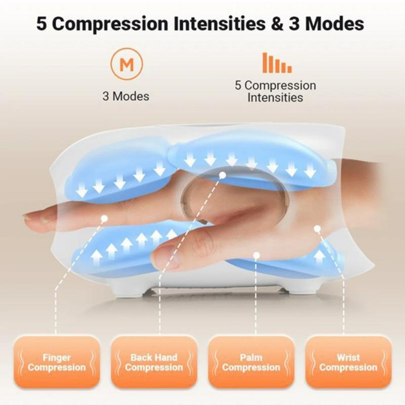 Portable Wireless Rechargeable Electric Hand Massager Hot Compress Air Pressure Compression Airbags Finger Palm Massage Features
