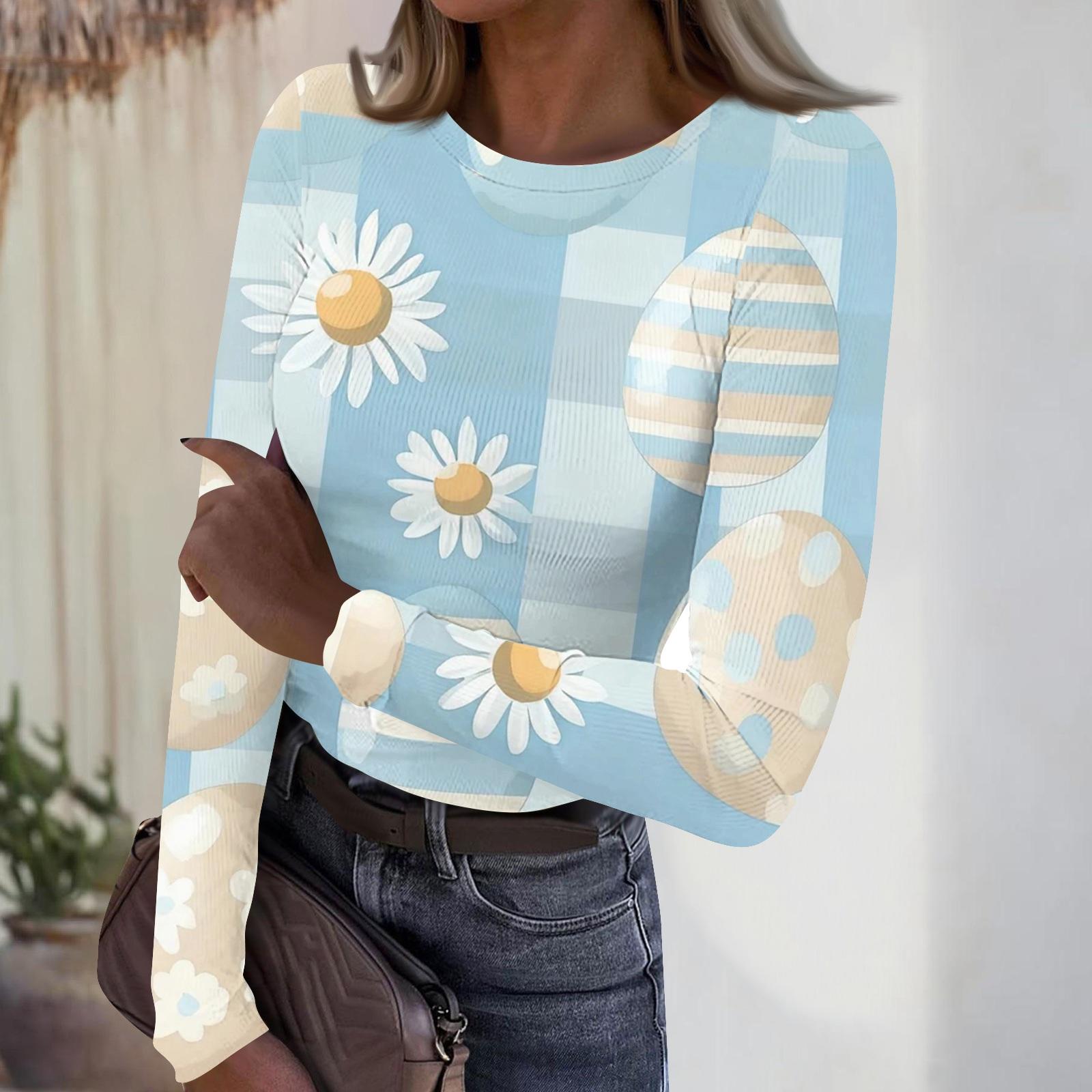

Women s Casual Fashion Round Neck Easter Print Long Sleeve Strip Top L