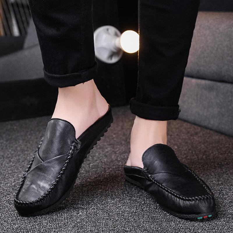 Summer Half Shoes For Men Mules Luxury Designer Slip On Flats Men Casual Driving Shoes Leather Semi-Drag Loafers Slippers 2025