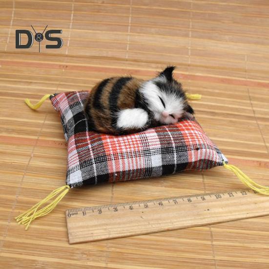 Simulation Cat Doll Plush Toy Mini Realistic Sleeping Kittens on Mat Figurine Stuffed Animal Toy with Cushion for Home Office Room Desktop Decor