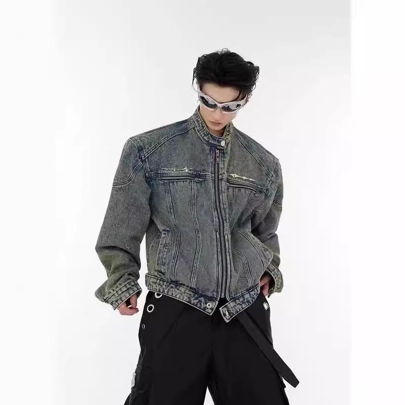 Pánská trendy kovová designová retro odřená džínová patchworková bunda bez límce s ramenními vycpávkami