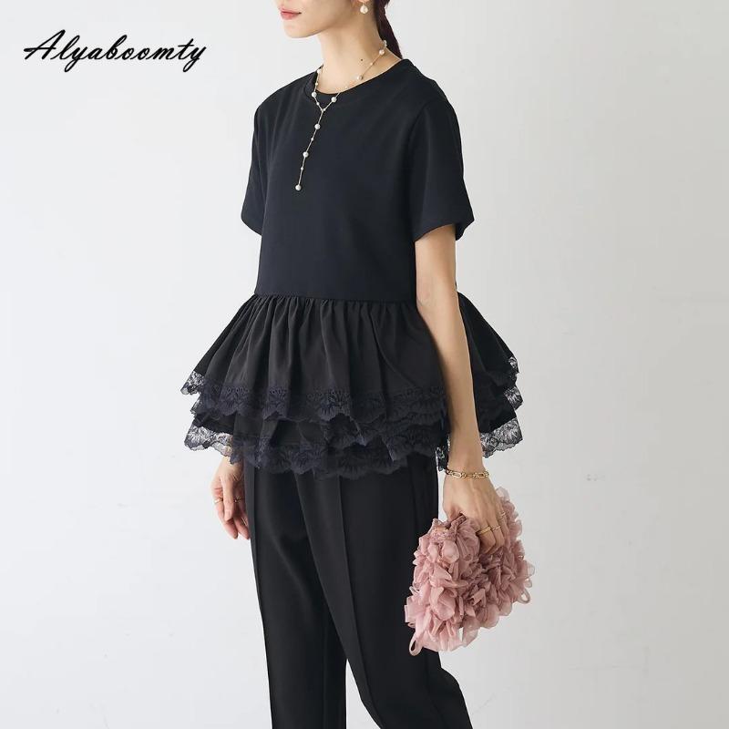 Korean Fashion Sommer Frauen Streetwear Top Kurze O Neck Weiß Schwarz Layered Spitze Rüschen Patchwork T-Shirt Kurzarm Feminine Damen T