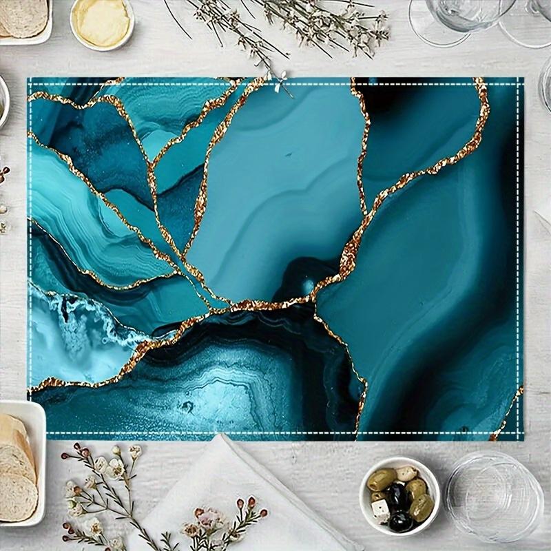 4/6pcs Marble Style Placemats 12x18 Inches, Heat Resistant Non-Slip Table Mats, Abstract Blue, Cyan, Turquoise and Golden, Suitable for Dining Decor,