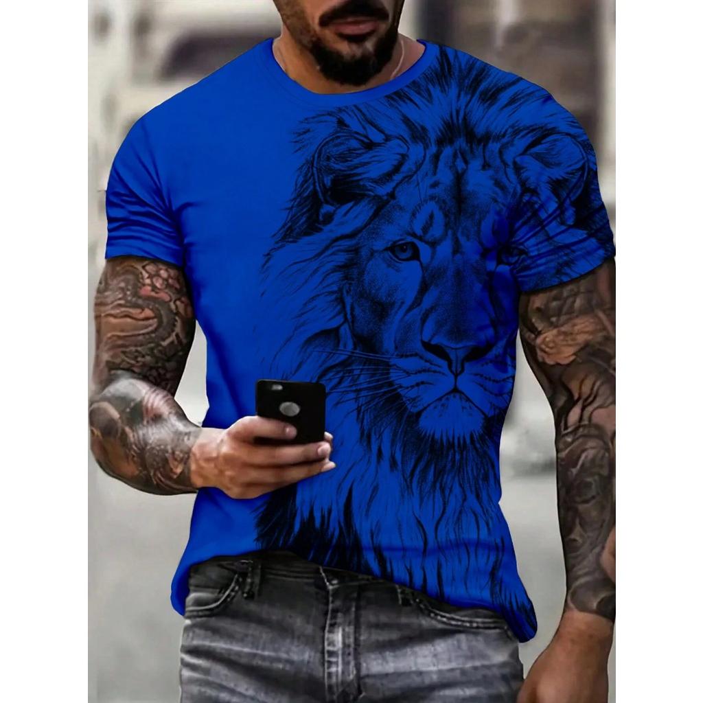 Summer Round Neck 3D Lion Pattern Print Top Fashionable Casual Short Sleeved Men's T-shirts