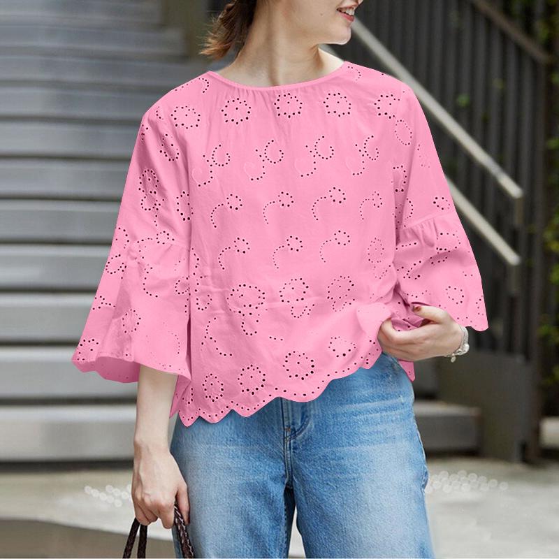 

ZANZEA Женская летняя блузка с ажурной вышивкой, пэчворк, свободного кроя, с рукавами 3/4 XL розовый