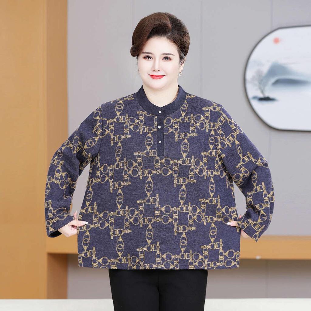 Mom's Plus Size Velvet Thickened Long-Sleeve T-shirt for Middle-Aged & Elderly Women, Warm Round Neck Top