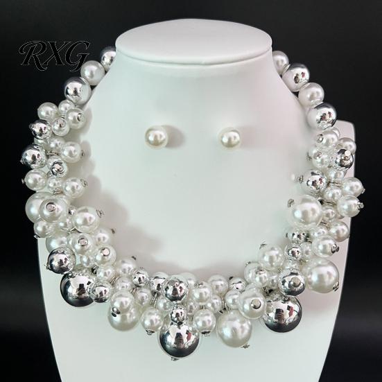 Chunky Faux Pearl Jewelry 1 Set Jewelry, Beaded Choker And Vintage Necklace Earrings, Metallic for Women Dinner Parties Wedding