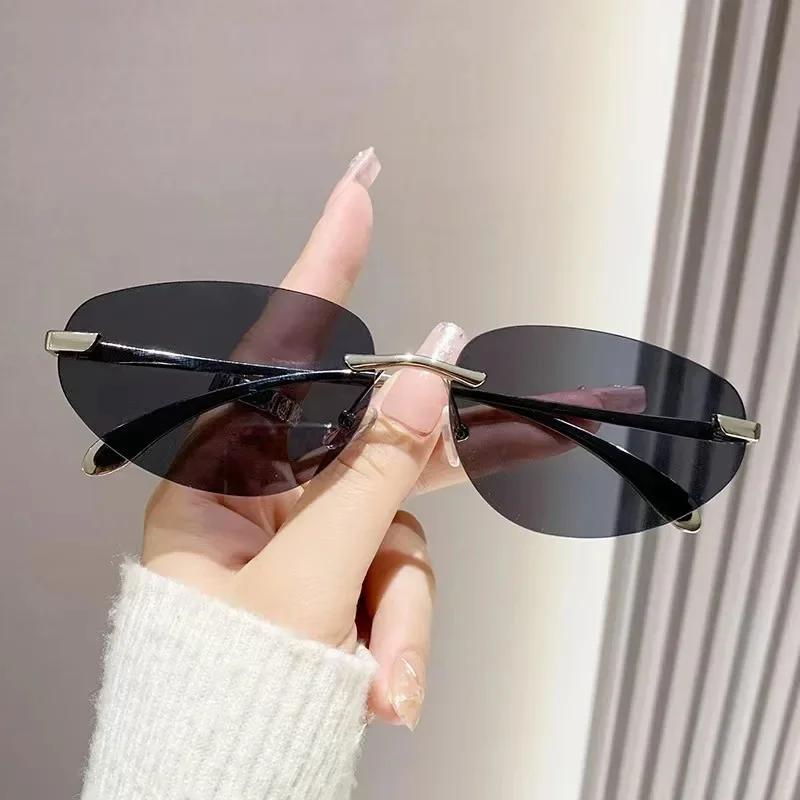 Unisex Frameless Metal Oval Glasses Korean Style Cat Eye Anti Blue Light Eyewear for Women Fashion Round