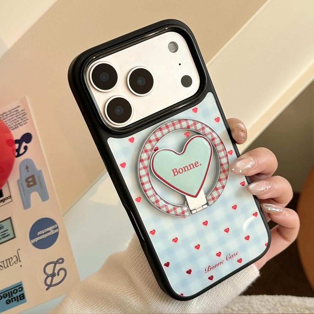 Gold-plated Blue Checkered Heart-shaped Apple IPhone 17 Pro Max Phone Case, Compatible with IPhone 16, 12, and 15 Magnetic Stand Phone Case