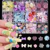 12Grids/Box Mixed Resin Bowknot Nail Charms 3D Colorful Bow Kawaii Rhinestone Nail Art Decorations DIY Manicure Parts Pen Tweeze