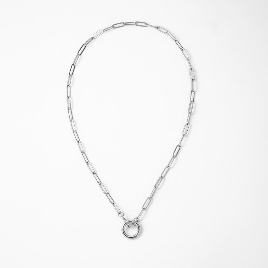 YF5143 Non Tarnish Round Push Clasp Necklace 18k Gold Plated Stainless Steel Zircon Charm Paperclip Chain Necklace for Women