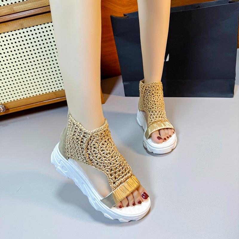 Women Sandals 2026 Hot Seller New Knitted Sandals Women Braided Elastic Summer Shoes Mesh Flat Bottom Hollow Out Female Sandals