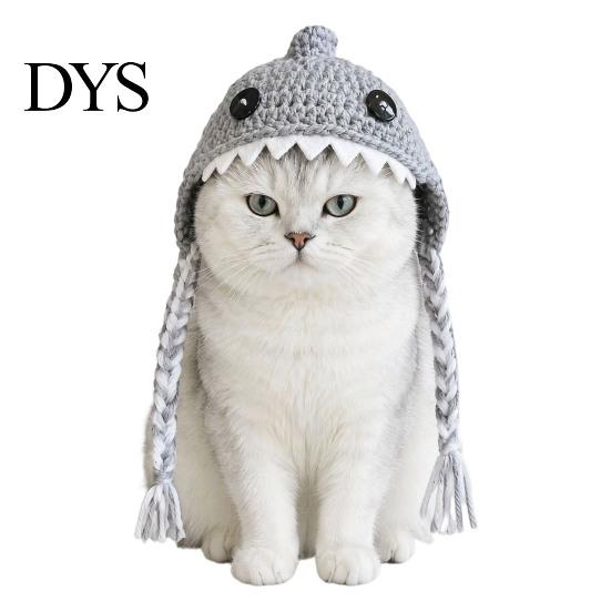 Pet Photography Props Funny Shark Cat Hat, Crocheted Hat with Braided Comfortable Festival Outfit Straps, Soft Cute Knitted for Cats Small Dogs