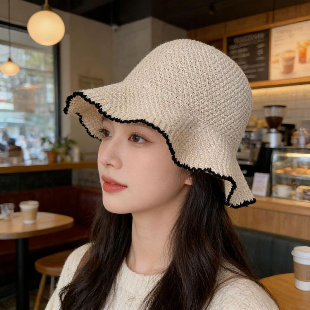 Color knitted hollow breathable bucket hat women's summer outdoor face small sunshade bucket hat women's basin hat