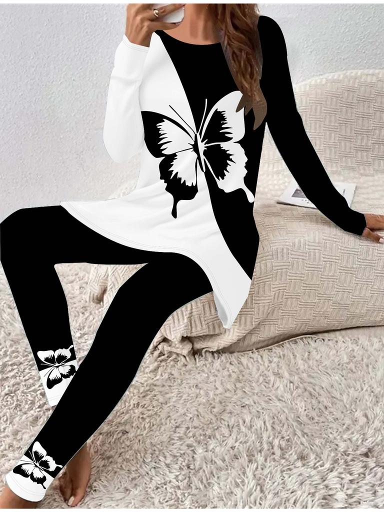 Moda Euro-Americana Set Due Pezzi Donna T-shirt a Maniche Lunghe + Pantaloni Lunghi con Stampa Farfalla 3D per Tutte le Stagioni. Regalo Perfetto per Capodanno e Natale
