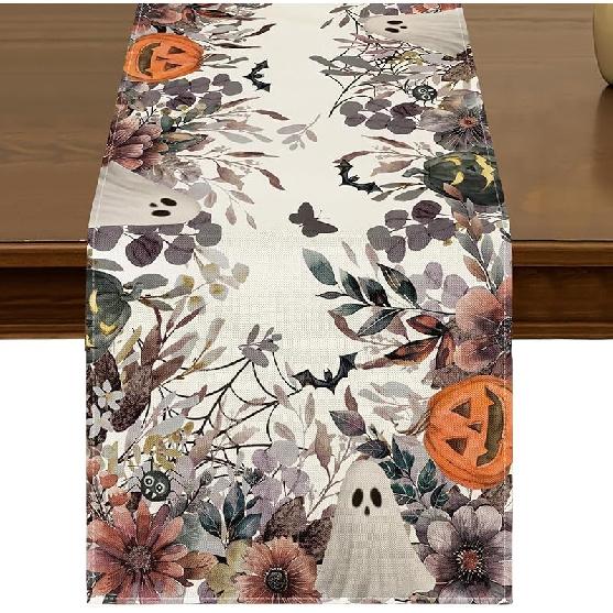 Halloween Table Runner 13x72 Inch Kitchen Dining Retro Gothic Crow Skull Roses Table Decor for Indoor Outdoor Farmhouse Home Holiday Party Decoration