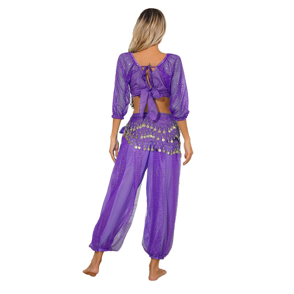 Women's Stage Performance Costume: Complete Belly Dance Set (Crop Top, Bloomers, Hip Scarf) with Bells, Halloween & Carnival