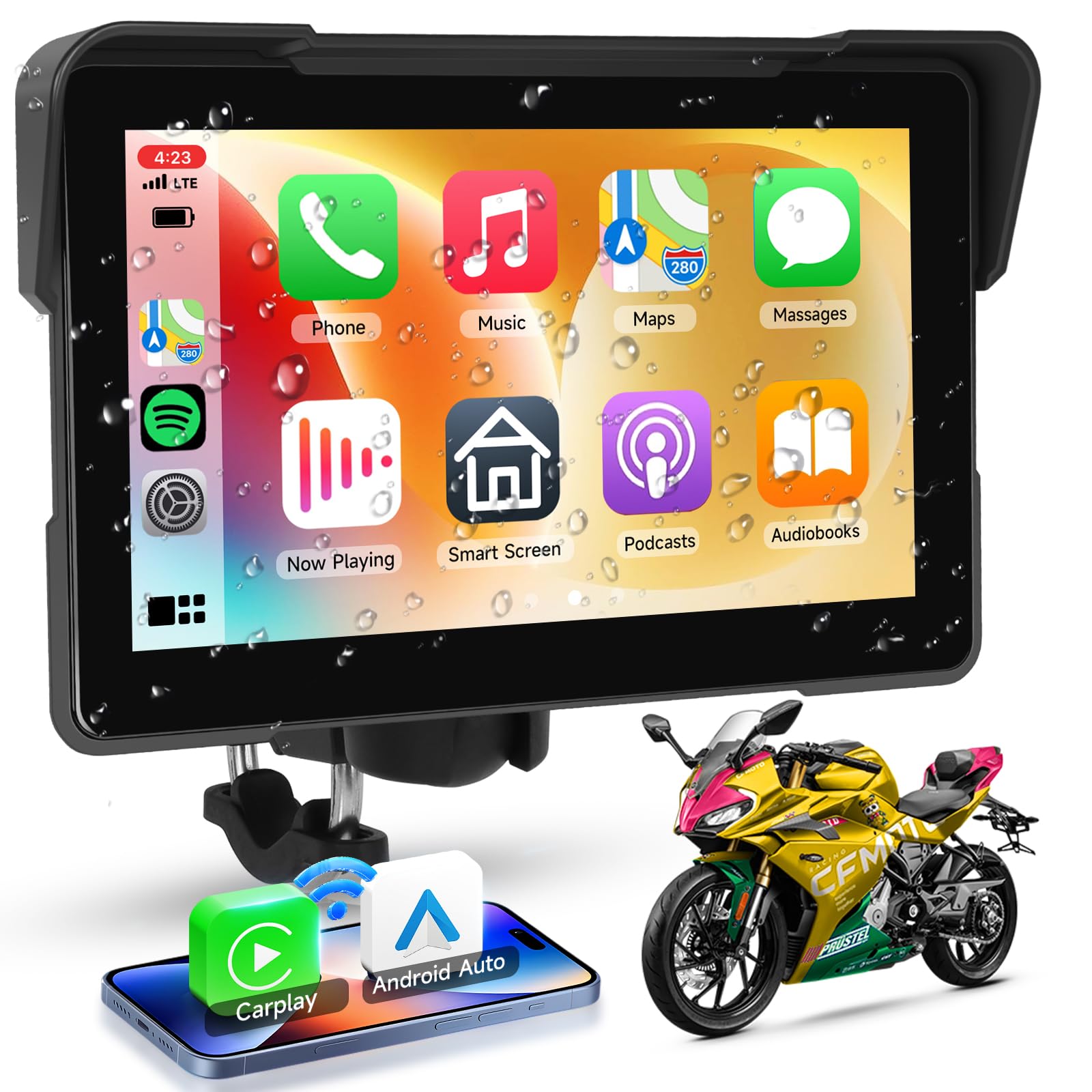 HD Ūdensizturīgs Skārienekrāna Motocikla CarPlay Monitors