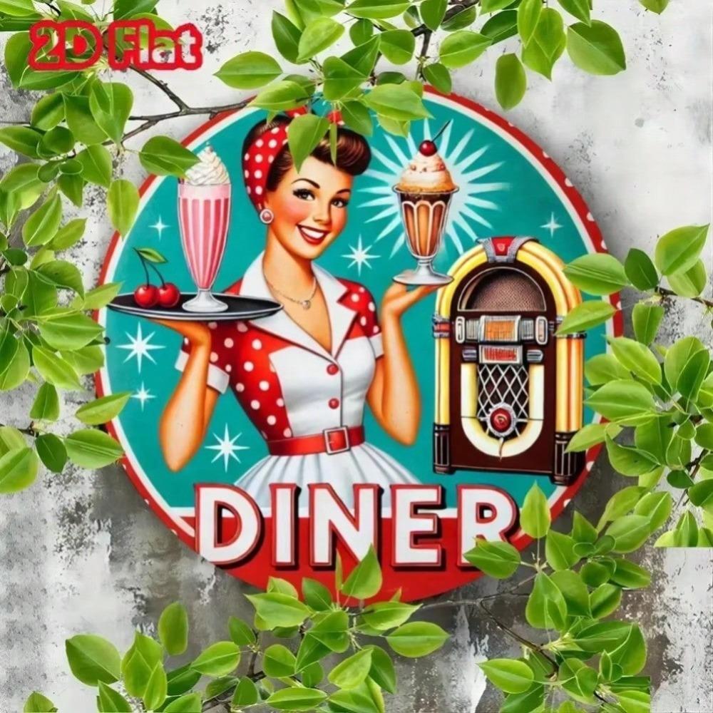 Vintage Diner Iron Metal Sign Round Wall Art Classic Restaurant Decor Home Gift