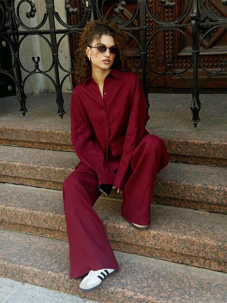 

Women s Loose-Fit Pure Cotton Shirt & Trousers Set - Long-Sleeved European & American Style Medium вина червоного кольору