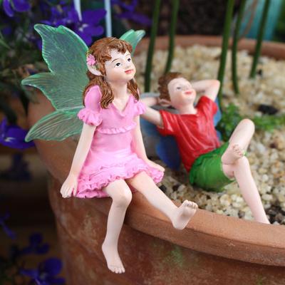 2Pcs Fairy Garden Accessories Boy Girl Statues Lawn Ornament Entrance Glow In The Dark Wing for