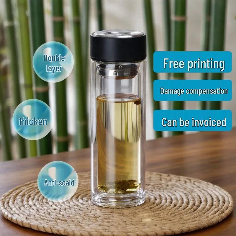 Custom Engraved Double-Layer Borosilicate Glass Tea Cup with Screw Cap