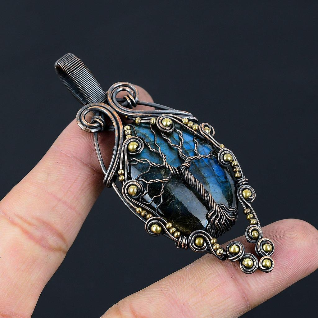 Tree Of Life Labradorite Gemstone Pure Copper Wire Wrapped Handmade Pendant Jewelry