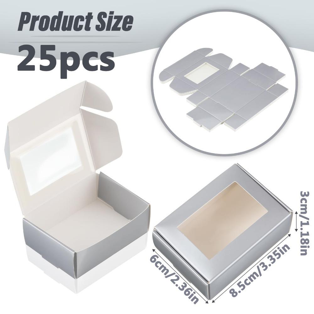 

25 шт. серебристых подарочных коробок с окном, мини-коробки для сладостей из крафт-бумаги, прямоугольные подарочные упаковочные коробки для мыла, ювелирных изделий, Нового года, свадеб, вечеринок, юбилеев 25pcs silvery