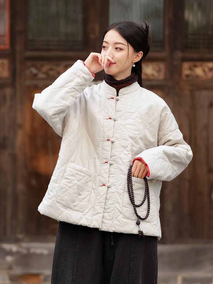 

Johnature Women Chinese Style Stand Long Sleeve Coats Winter Patchwork Pockets Coats One Size красный