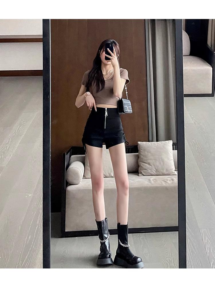 Black High Waist Ruched Drawstring Booty Shorts - Trendy Slim Fit Thong-Style for Spring